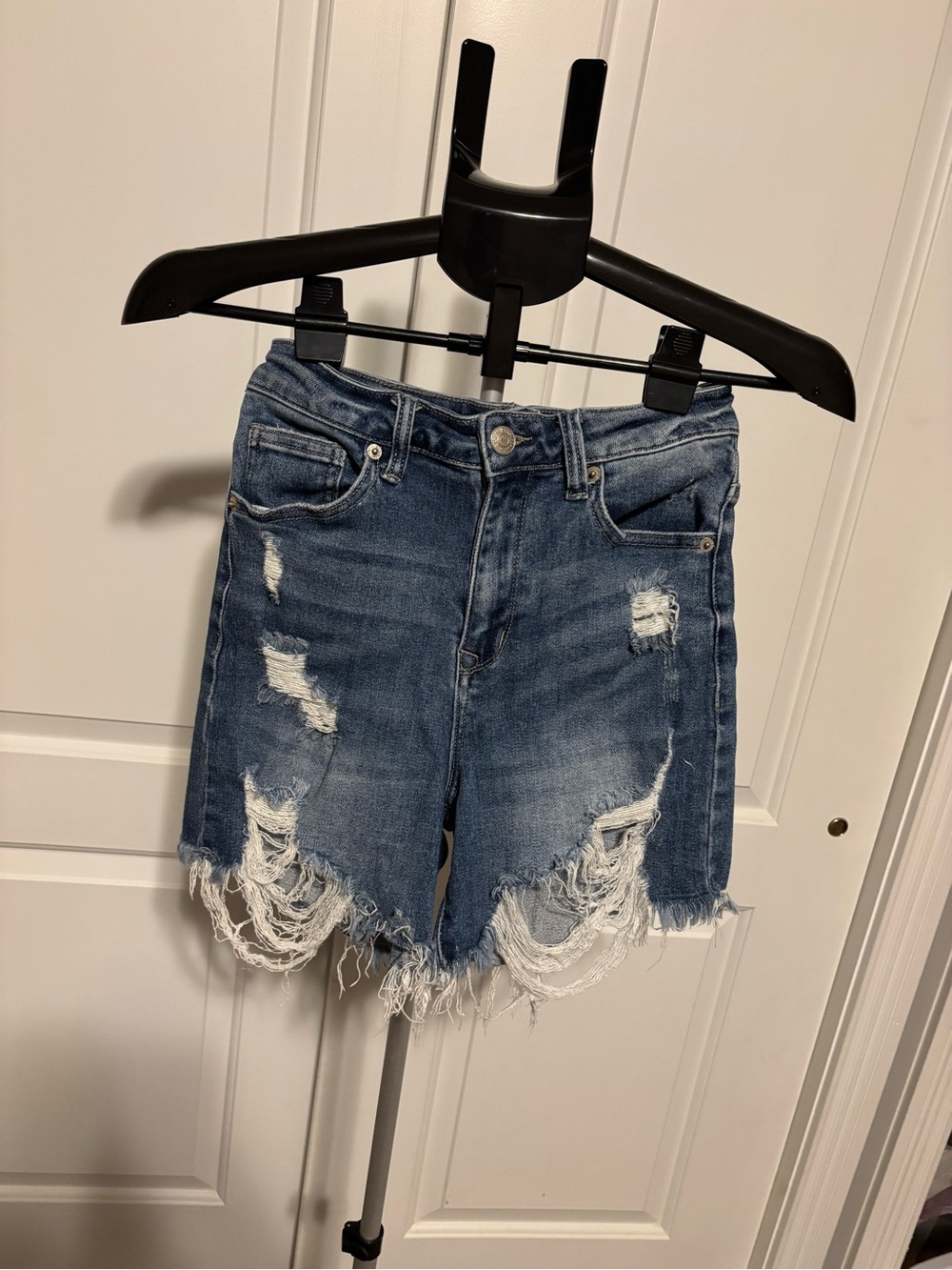 Risen Distressed High-Waist Denim Shorts - Blue